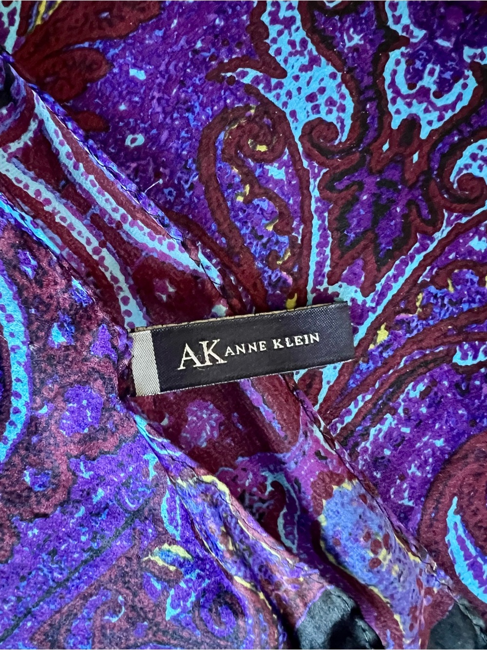 Anne Klein AK 100% Silk Paisley Oblong Scarf Purple Blue Jewel Tones - Picture 4 of 8